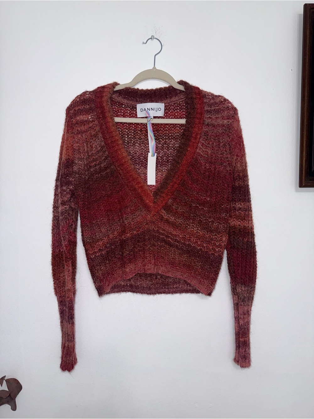DANNIJO Red Burgundy Ombre V-Neck Mohair Blend Sweater